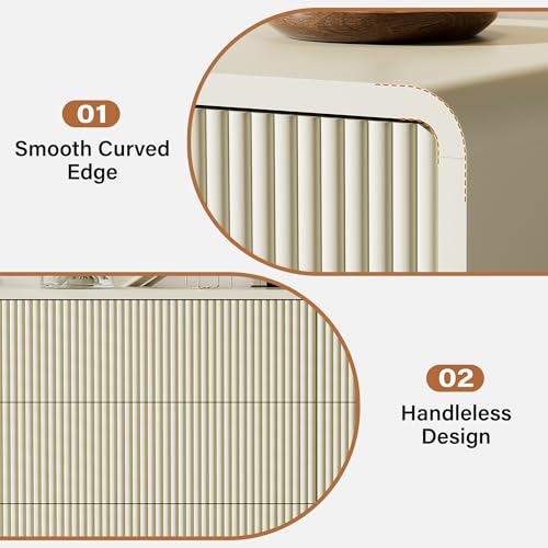 Image of Furniway Bedroom Dresser Set 3 Piece, 6 Drawer Curved Dresser with 2 Nightstands, Modern Fluted Wood Storage Cabinet, White Chest of Drawers with Pop-Up Design, Beige