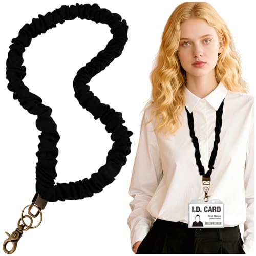 Zkptops Scrunchie Lanyard for ID Badges Keys Cute Stretchy Neck Lanyards for Teachers Retractable Keychain Strap Aesthetic Black Elastic Necklace Lanyards Wallet Wrist Strap for Women Men Nurses