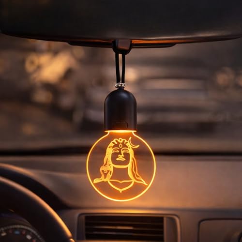 Image of YOURKARTS.COM Car Rear View Mirror Hanging LED Adiyogi Shiva Light, USB Rechargeable Car Hanging Pendant, Spiritual Car Interior Decoration Accessory (Warm Light)