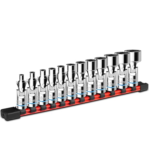 ZHAX 12-Piece 1/4 Drive Universal Flex Socket Set 6-Point Metric (5-15mm) Swivel Joint With CR-V Steel for Tight Spaces