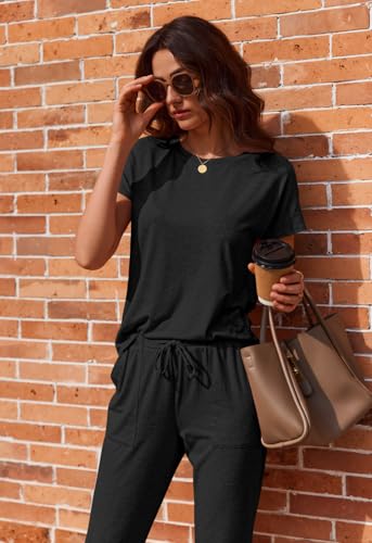 Ekouaer 2 pack Pajama Sets for Womens Jogger Pants Pjs Short Sleeves Lounge Set Soft Sleepwear with Pockets2