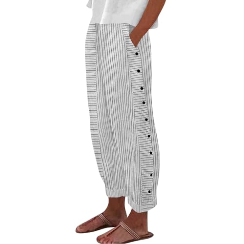 Striped Linen Pants Women Side Button Elastic Waist Capri Gauze Pants Lightweight Summer Beach Cropped Trousers