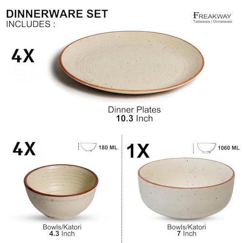 Image of Freakway Handcrafted Stoneware Dinner Set - 9 Piece Ceramic Dinnerware Set for 4 People (Off White) inch4 Dinner Plates +4 Bowls+1 Large Serving Bowls