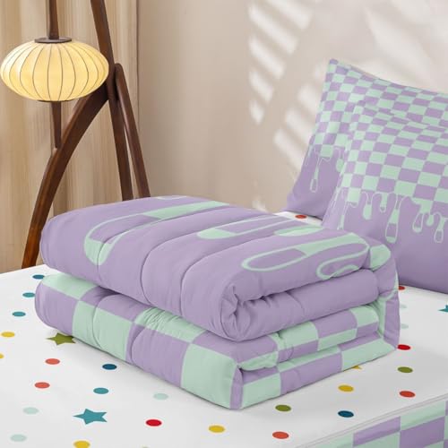 Image of Purple Mint Checkered Full Zipper Comforter Set,Checkerboard Drip 4 Piece Complete Bedding Set Bed in a Bag with Fitted Sheet & Pillowcases,Grunge Aesthetic Modern Geometric for Kids Boys Teen Girls