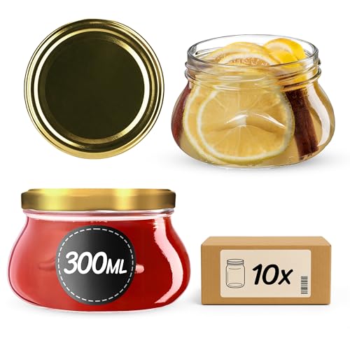 KADAX 10 tarros de conservas de 300 ml con tapa de rosca fi82 mm, tarros en miniatura para miel y especias, tarros de mermelada con tapa, tarros herméticos para regalar