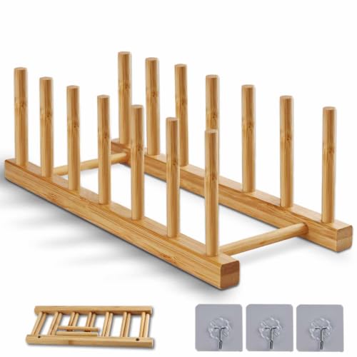 Image of Bamboo Dish Rack, Stylish Vertical Wooden Plate Holder & Drainer, Multi-Purpose Kitchen Cabinet Organizer for Dishes, Pots, Lids, Bowls, Cups & Cutting Boards（6-Slot Design）