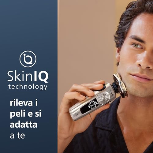 Philips Rasoio Elettrico Serie 9000 Prestige, secco e umido, cromo brillante, rasatura Lift & Cut, tecnologia SkinIQ, regolabarba, rifinitore per il naso, base di ricarica Qi, modello SP9885/35
