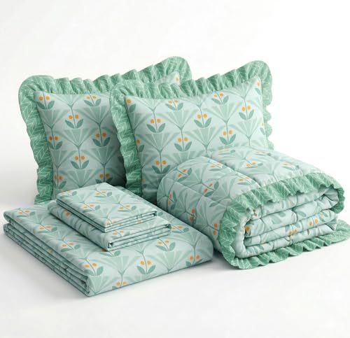 Image of SANMARINO Premium Cotton Double Bed 4 Piece Bedding Set with Frill Border | Comforter with Matching Bedsheet and Pillow | Ultra Soft & Lightweight Quilted Comforter Set |228x228 cm,Mint Meadow Green