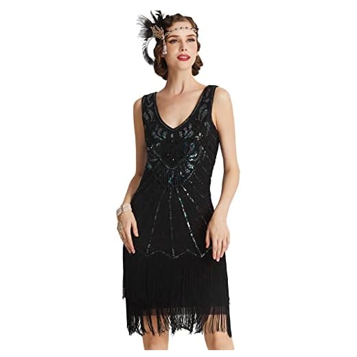 BABEYOND Damen Retro 1920er Stil Flapper Kleider mit Zwei Schichten Troddel V Ausschnitt Great Gatsby Motto Party Kostüm Kleider- Gr. XL (Fits 86-96 cm Waist & 104-114 cm Hips), Schwarz