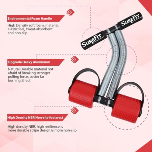 Image of SUREFIT Tummy Trimmer Double Spring With Comfertable Foam Grip Handle & Ab Roller Wheel Combo for Men & Women | Home Workout Fitness Kit for Abs, Arms & Core Training (RED)