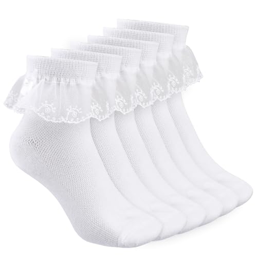 3 Pairs Girls Lace Socks, Cotton Bow White Ruffle Socks Toddler, Thin Short Lace Trim Frilly Dress Ankle Sock