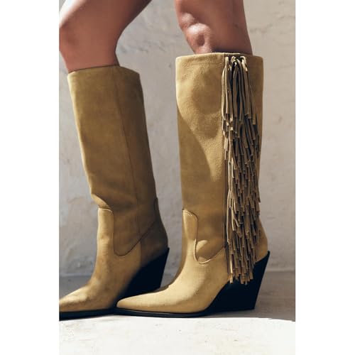 Suede Fringe Cowboy Boots for Women Pointed Toe Western Boots Chunky Low Heels Pull On Knee High Cowgirl Boots Dressy Wide Calf Fashion Casual4