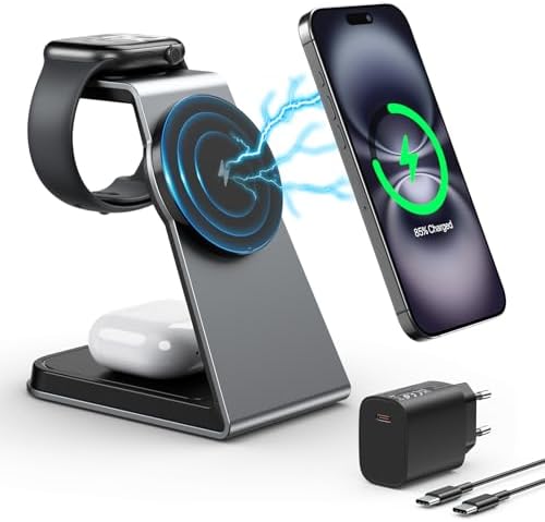 3 IN 1 Ladestation für Apple Watch und iPhone, Induktive Ladestation auch geeignet für Airpods Pro 3 2, Kabelloses Ladegerät für iPhone 16 15 14 13 12 Serie(Grau)