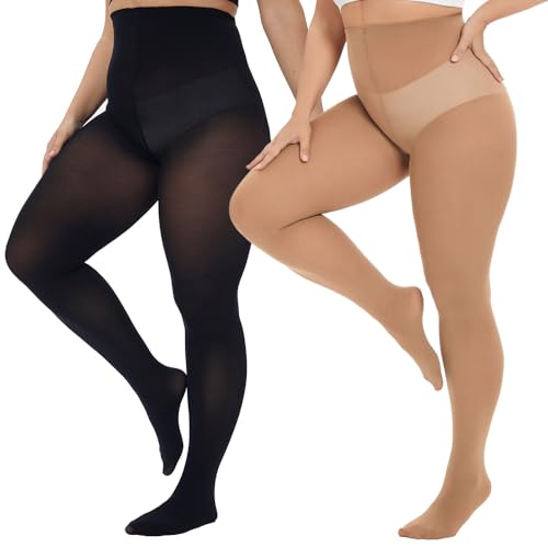 80D Plus Size Tights for Women, High Waist Semi Opaque Black+Suntan Stockings with XL-4XL2