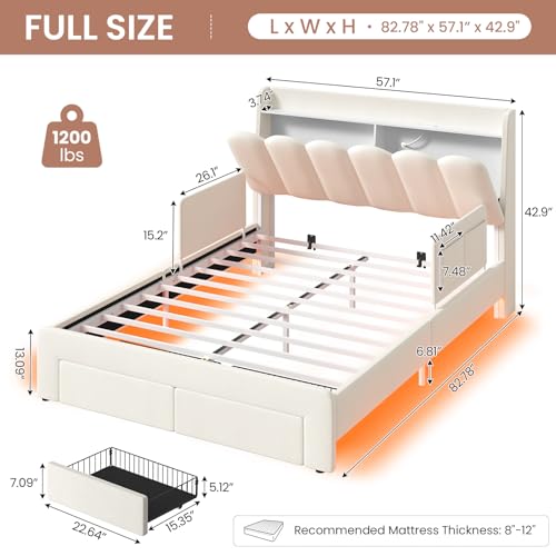 Image of DICTAC Full Size LED Bed Frame with Storage Drawer and Safety Guardrails, Velvet Upholstered Platform Bed for Kids with Chic Wavy Storage Headboard, Charging Station, Heavy Duty Metal Support, Beige