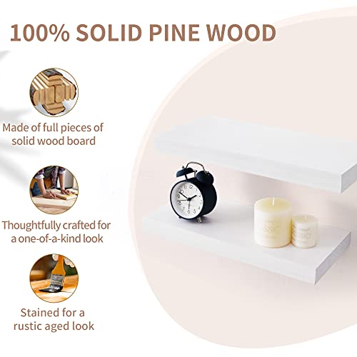 Floating Shelves Set Of 2, Farmhouse Rustic Wood Shelves For Wall Storage, Solid Wood Bathroom Shelves, Wall Mounted Wooden Display Shelf For Living Room, Kitchen, 16 X 6.7 X 1.4 Inch, White #TOP4