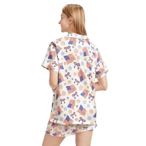 Image of Silk Satin Pajama Set for Women Summer Lounge Pjs Sets 2 Piece Suit Ladies Button Down Tops And Shorts Sleepwear