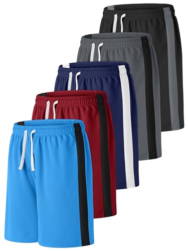 Resinta 5 Pack Boys Shorts Boys Basketball Athletic Shorts Kids Soccer Sports Shorts Mesh Quick Dry Active Gym Clothes with Drawstring