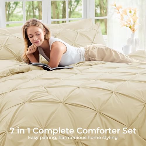 Image of Sasttie King Size Comforter Set, 7-Piece Bed in a Bag, Pintuck Bedding Set for All Season, Includes Comforter, Flat Sheet, Fitted Sheet, Pillowcases and Pillowshams, Pale Yellow