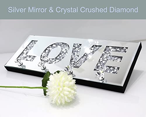 Crush Diamond Mirrored Love Letter Plaque Sign For Wall Decor, Crystal Clear Hooks Key Holder Key Hanger, Silver Mirror Decoration Wall Art, Wall Mounted Home Decor 15"×5.9"×1.6" #TOP1