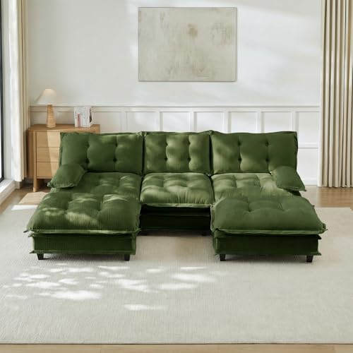 Image of 107 inch U-Shaped Sectional Couches for Living Room, Green 3 Seater Modern Chenille Deep Seat Sofa Set, Salas para Casa, High Back Cloud Couch Modular Sectional Sets with 2 Ottoman