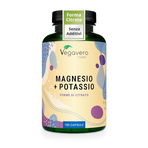 Magnesio e Potassio Vegavero® | l’unico SENZA ADDITIVI | Forma Citrato ad Alta Biodisponibilità | contro Stanchezza e Affaticamento | Sali Minerali per Muscoli e Crampi | 180 capsule | Vegan