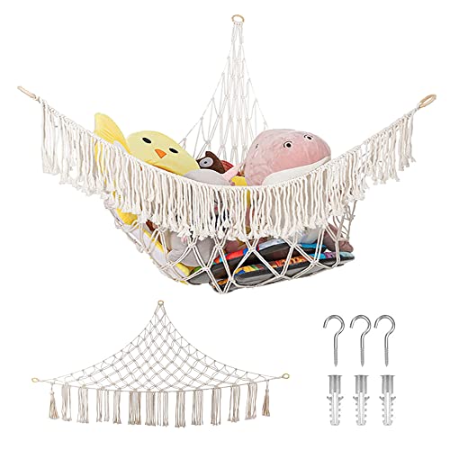 Hamac de Rangement pour Jouets peluche avec 3 Crochets Filet de Rangement de Coin pour Bohême dentelle 150x100x100cm Blanc Cover