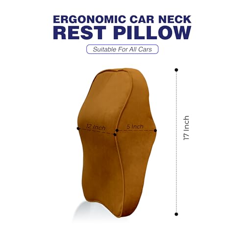 Image of WELLGIVER Orthopedic Memory Foam Car Neck Rest Pillow - Cervical Support Cushion for Neck Pain Relief, Adjustable Strap - Universal Fit for All Cars | TAN Velvet | Pack of 2