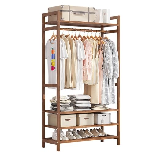 ILSMU Modern Minimalist Wooden Clothes Rail Stand Clothes Rack Bamboo Garment Racks Free Standing Storage Shelves Wood Hanging Rack for Entryway Bedroom Living Room