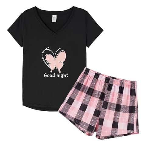 YIJIU Women's Short Pajama Sets Butterfly Print Short Sleeve Sleepwear Top and Shorts 2 Piece Loungewear,Black Butterfly,XS Cover