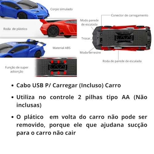 Carrinho Controle Remoto Escalada Sobe Parede, Teto, Chão, Bateria Recarregável (Vermelho)