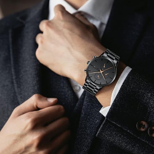 Image of NIBOSI Men's Watches Analog Minimalist Black Dial Watch for Man Business Chronograph Casual Watches Stainless Steel Strap Date
