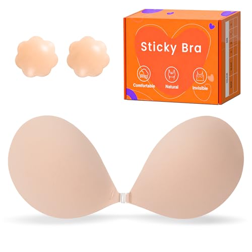 Image of Sticky Push Up Strapless Bras for Women,Ultra Adhesive Bra for Backless Dress,Invisible Silicon Bra with Nipple Covers (F Cup,Nude)