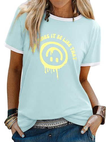 WIEIYM T Shirt Women Crew Neck T-Shirts Summer Tee Smile Graphic Slogan Tshirt Something It Be Like That Unisex Basic Tops