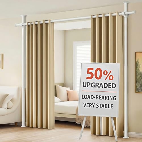 Image of Room Divider No Drill Curtain Rods (W) 35-100inx(H) 43-120in, Adjustable Heavy Duty Tension Pole, Freestanding Partition Wall for Apartment /Dorm /Office, Curtains Not Included- White, 1 Pack