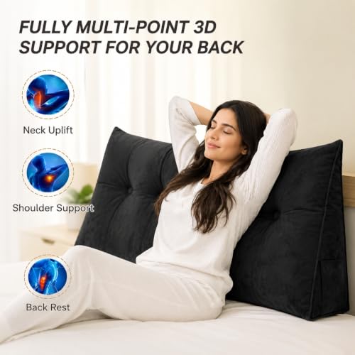 Image of Luxury Velvet Tufted Wedge Pillow with Side Pocket - Soft Headboard Back Support Cushion for Bed, Sofa & Floor Seating - Black Color