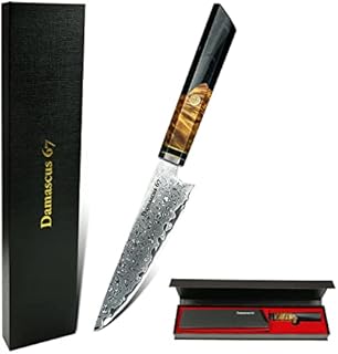 Damascus 67 Black Sapphire Resin Professional 5 Inch Petty Kitchen Knife 67 Layers of Damascus Steel + Sheath Included