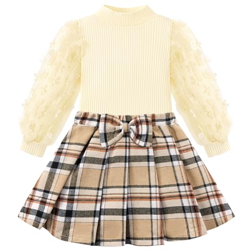 Image of Bkixhv Baby Girls Clothes Set Cute Casual Skirt Solid Stand Collar Knitted T Shirts Mini Skirt 2 Pieces Set, apricot, 3-4 Jahre