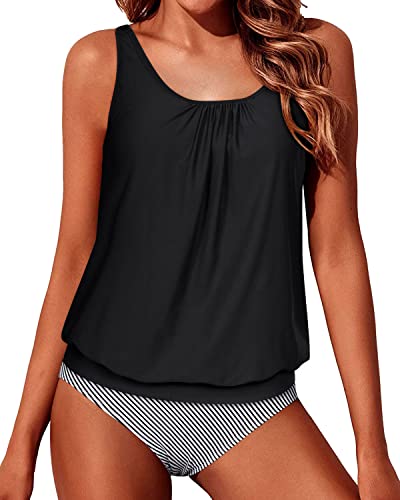 Yonique Zweiteiliger Blouson-Tankini-Badeanzug für Frauen, bescheidene Badeanzüge, lockere Passform, Bademode, Schwarz gestreift, X-Large Cover