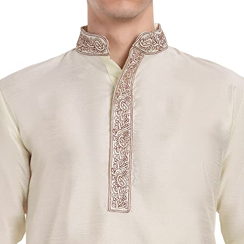 SKAVIJ Men\'s Tunic Art Silk Kurta Pajama Wedding Party Suit Dress Set (X-Large, Off-White)