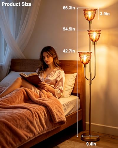 Image of Lightdot 66IN 3-Lights Modern Glass Floor Lamp Gold Dimmable Floor Lamps with 3000K Warm White Bulbs for Wedding Party Tall Standing Lamp with Deep Red Glass Shade for Living Room /Bedroom /Home Decor