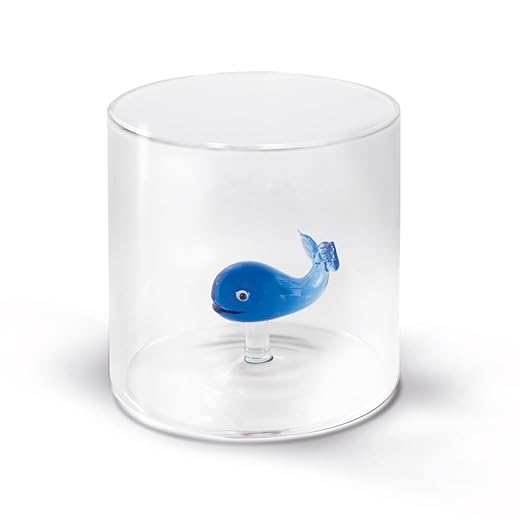 WD Lifestyle - Bicchiere in Vetro Borosilicato 250ml con Soggetto in Vetro Colorato Interno (Balena)