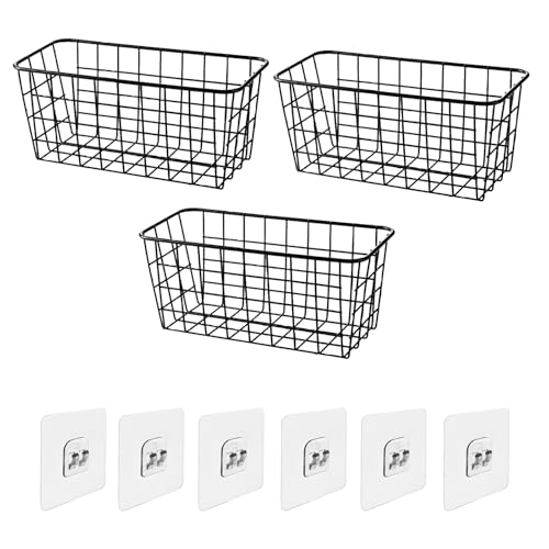 LCFVOFU 3 Pcs Wire Storage Baskets with Hooked Black Metal Storage Organizer No-drilling Kitchen Storage Rack for Kitchen Bathroom Bedroom (28.5x12x11cm)