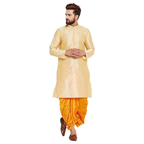 Image of SOJANYA (Since 1958 Men's Off-White and Gold Dupion Silk Dhoti Kurta Set