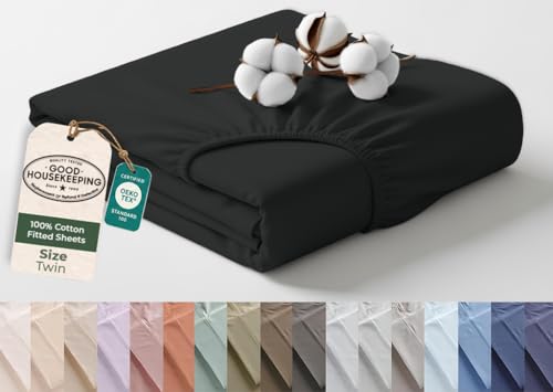 Image of Royale Linens 100% Organic Cotton Twin Fitted Sheet Only - Percale Weave - Super Soft Deep Pocket Bottom Sheets - Black Elastic Sheet - Twin Size Fitted Sheets Only - (39 inchx75 inch+15 inch, Black)