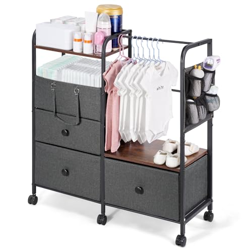 Image of Orzbow Baby Diaper Caddy Cart Organizer and Storage | 4 Tier Baby Rolling Cart with Dividers and Drawers, Metal Rolling Utility Cart for Nursery, Bedroom, Changing Table & Crib, Easy to Assemble, Grey