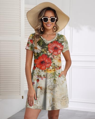 Image of COSSEN Women's Casual T Shirt Dress V-Neck Short Sleeves Swing Dresses Birthday Party Summer Travel Beach with Pocket