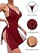 Foxiny Sexy Split Side Floral Lace Trim Full Slip Night Gown Babydoll Lingerie Dress with Thong 2 Piece Women High Slit Cami Nightgown Pajamas Set Nighty Sleep Wear Burgundy Red Large
