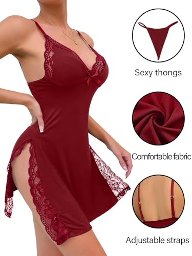 Image of Foxiny Sexy Split Side Floral Lace Trim Full Slip Night Gown Babydoll Lingerie Dress with Thong 2 piece
