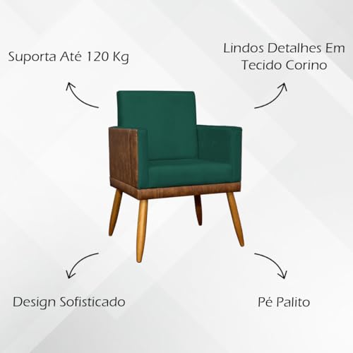 Kit 2 Poltronas Decorativas Para Sala Cadeira Recepção Lis Corino e Suede Verde Pé Palito 30cm